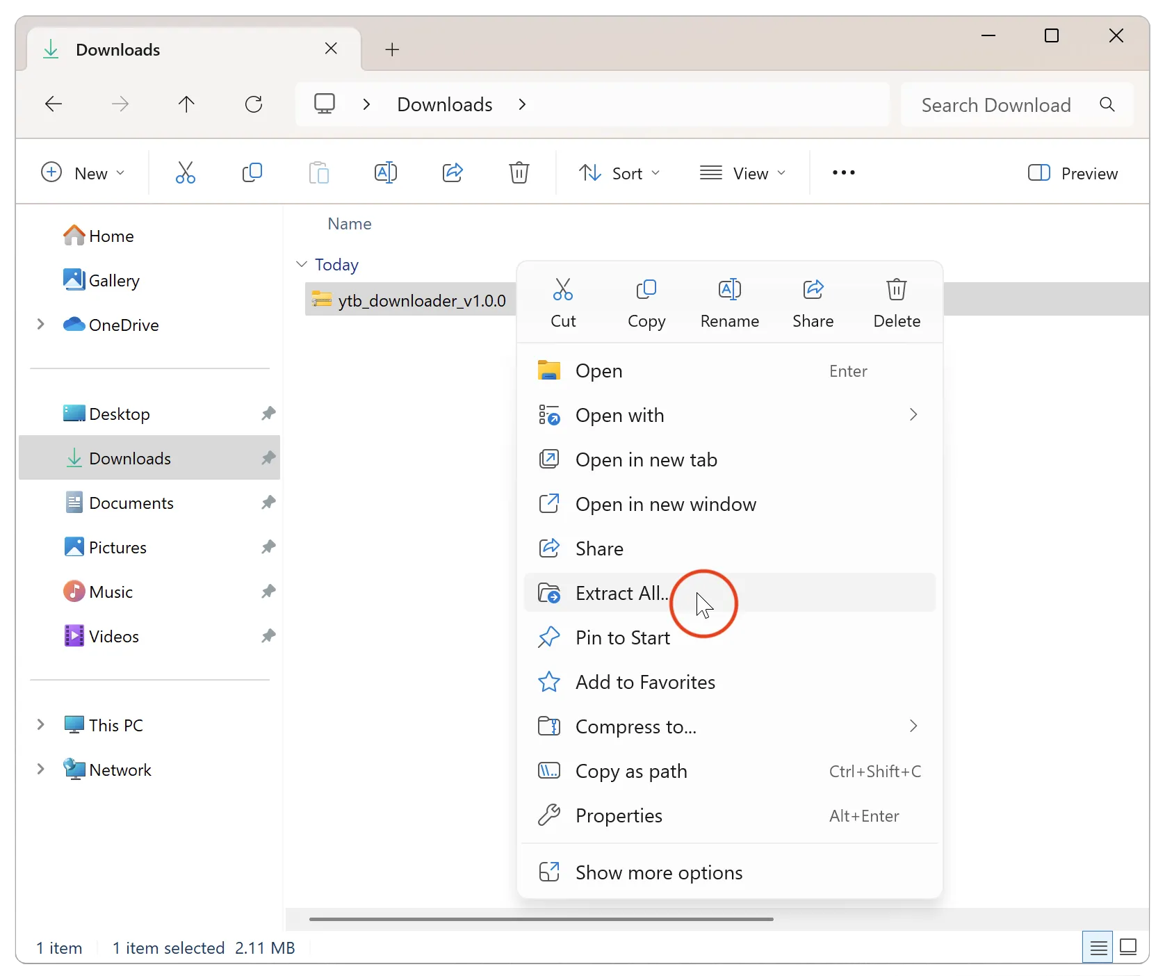 Right-click extract menu