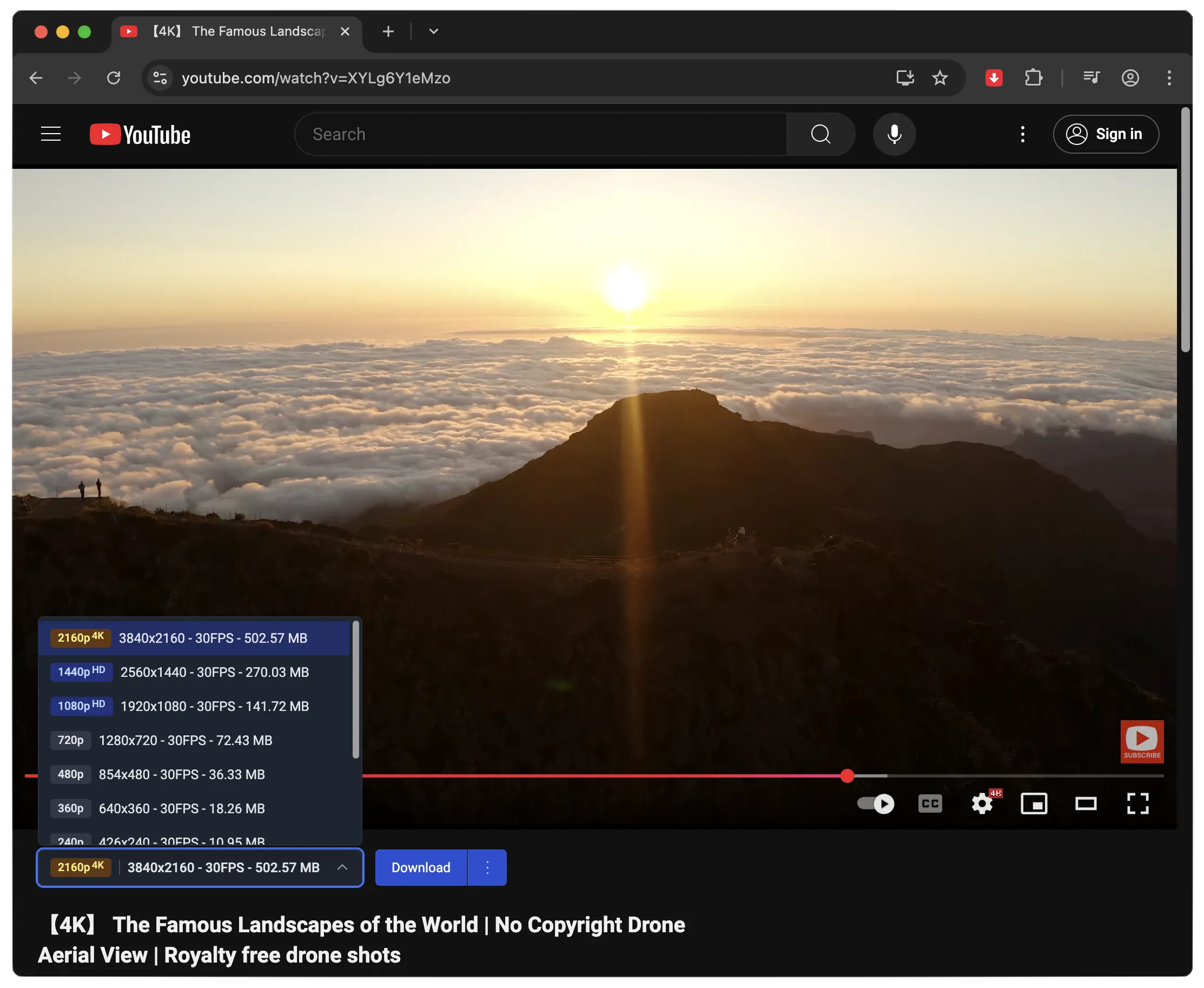 YouTube Download Chrome Extension interface showing 4K video quality options